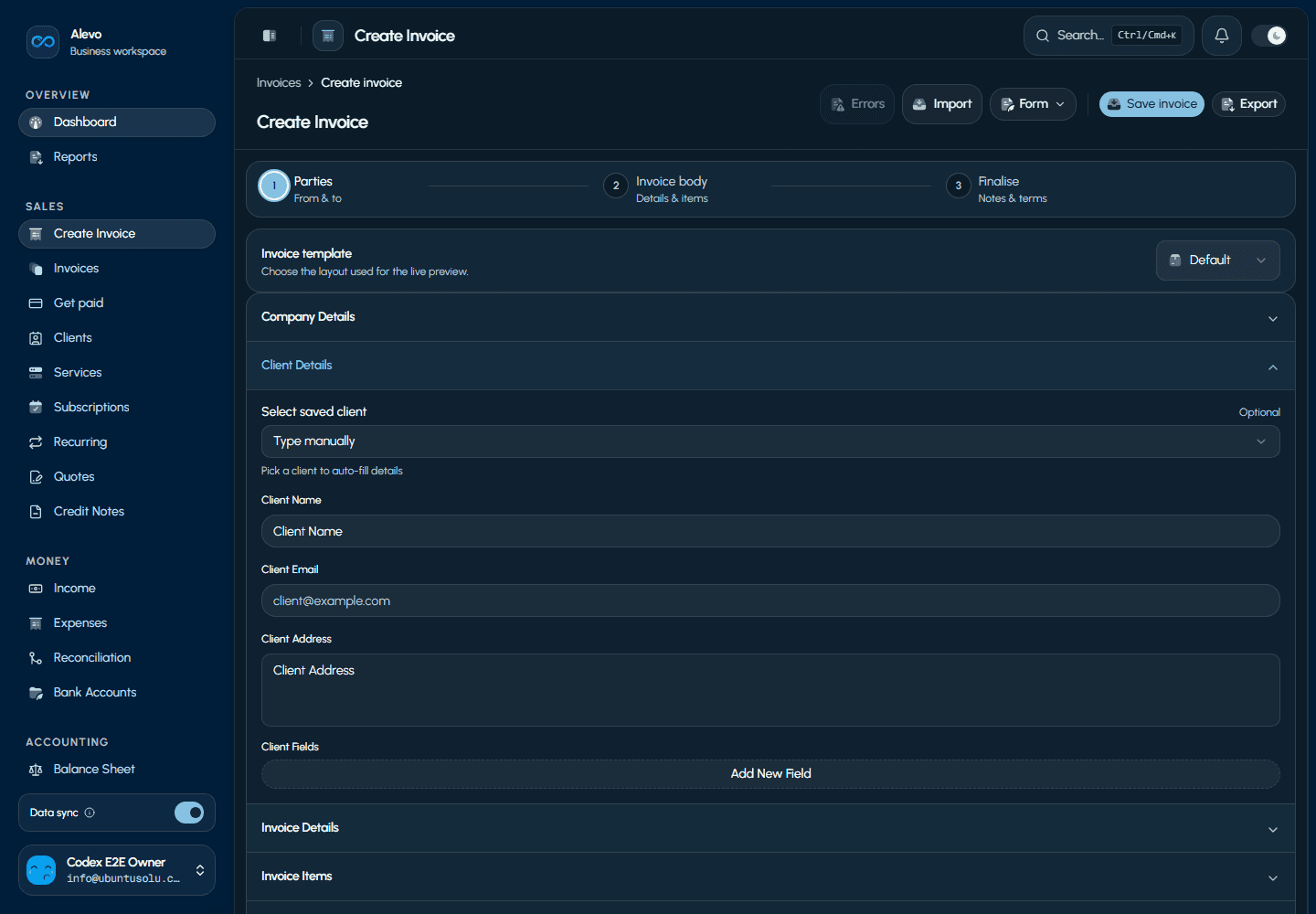 Current Alevo Create Invoice workflow showing business invoice fields and totals